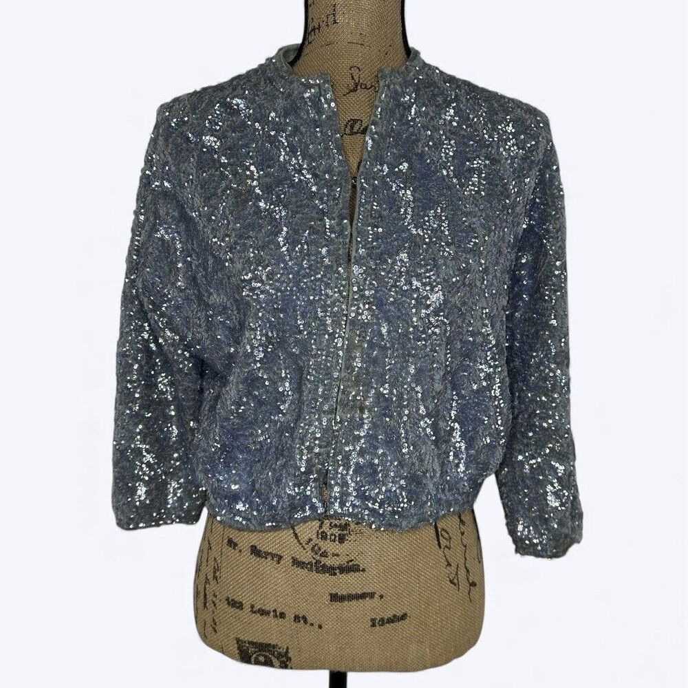 Vtg Euromasia Sequin Evening Bomber Style Jacket 42 (S) Formal British Hong Kong
